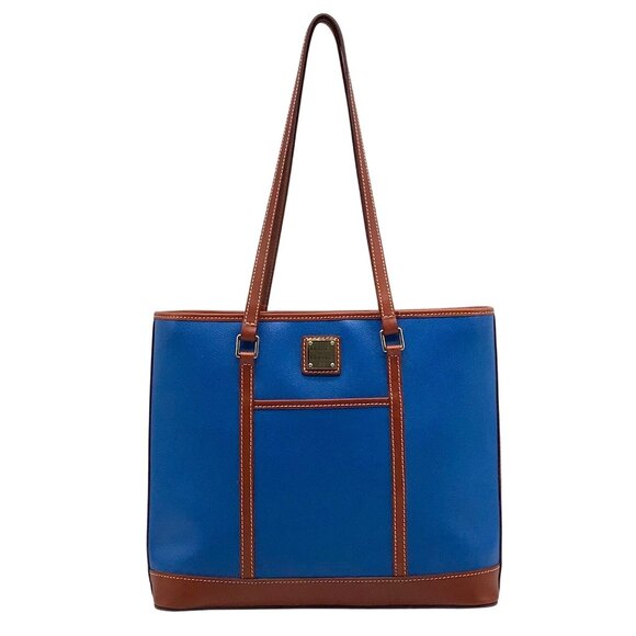 Dooney & Bourke Blue Pebbled Leather and Tan Trim Zipper Tote - Picture 1 of 11
